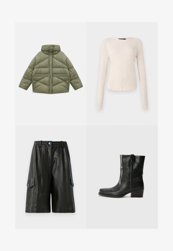 Olivově zelená péřová bunda s vysokým límcem, diagonálním prošíváním, dlouhými rukávy a zipovými bočními kapsami, ležící na bílém pozadí.; Dlouhý rukáv, světle béžový top s kulatým výstřihem. Vyrobeno z jemné látky, má středový šev a mírně zaoblený lem. Bez viditelné kovové úpravy.; Černé kožené cargo šortky s elastickým páskem, které mají dvě boční kapsy, přední zip a akcent modrého knoflíku.; Černá kožená kotníková bota s kulatou špičkou, blokovým podpatkem, bočním zipem a prošíváním na svršku. Hladký povrch, klasický design.