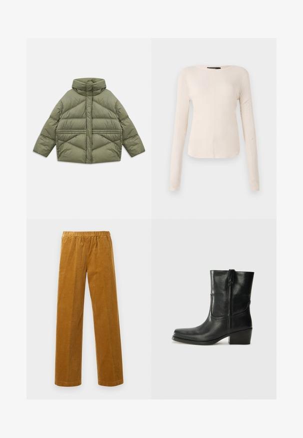 Olijfgroen pufferjack met hoge kraag, diagonale stiksels, lange mouwen en ritssluitingen aan de zijzakken, plat gelegd op een witte achtergrond.; Langsleeve, lichtbeige top met een ronde halslijn. Gemaakt van zachte stof, heeft een centrale naad en een iets gebogen rand. Geen zichtbare hardware.; Elastische taille rechte pijpen corduroy broek in mosterdbruin met verticale ribbelstructuur, weergegeven tegen een eenvoudige witte achtergrond.; Zwarte leren enkellaars met een ronde neus, blokhak, zijrits en stikselaccenten op de wreef. Gladde textuur, klassiek ontwerp.