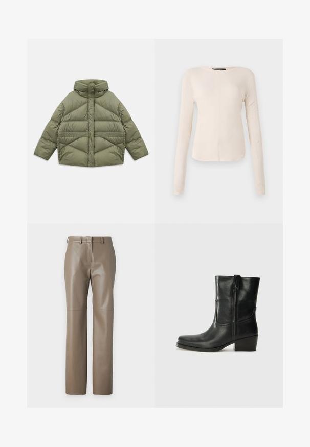 Olive green puffer jacket with high collar, diagonal stitching, long sleeves, and zippered side pockets, laid flat on white background.; Long-sleeve, light beige top with a round neckline. Made of soft fabric, features a central seam and slightly curved hem. No visible hardware.; Brown leather pants with a straight fit, featuring a mid-rise waistband and subtle seam detailing. Smooth texture with a polished finish.; Black leather ankle boot with a rounded toe, block heel, side zipper, and stitching accents on the vamp. Smooth texture, classic design.