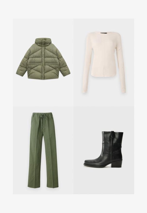 Maslinasto zelena puffer jakna s visokim ovratnikom, dijagonalnim šavovima, dugim rukavima i bočnim džepovima na zip, položena ravno na bijeloj pozadini.; Dugih rukava, svijetlo bež majica s okruglim izrezom. Izrađena od mekanog materijala, ima središnji šav i blago zakrivljen rub. Nema vidljivih metalnih dijelova.; Zelene, labave hlače od laganog materijala, s elastičnom strukom i vezicom, te bočnim džepovima.; Crne kožne čizme do članaka s okruglim vrhom, blok potpeticom, bočnim patentnim zatvaračem i detaljima od šavova na gornjem dijelu. Glatka tekstura, klasičan dizajn.