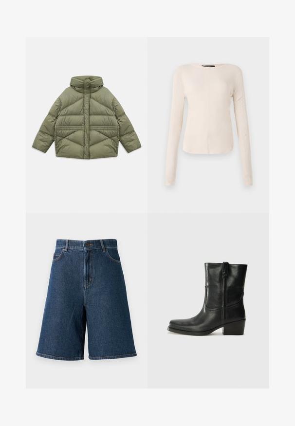 Olive green puffer jacket with high collar, diagonal stitching, long sleeves, and zippered side pockets, laid flat on white background.; Long-sleeve, light beige top with a round neckline. Made of soft fabric, features a central seam and slightly curved hem. No visible hardware.; Denim shorts in dark blue, featuring a high waist, five pockets, and contrasting stitching. Fabric has a smooth texture. Straight leg design.; Black leather ankle boot with a rounded toe, block heel, side zipper, and stitching accents on the vamp. Smooth texture, classic design.