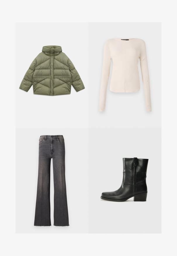 Olive green puffer jacket with high collar, diagonal stitching, long sleeves, and zippered side pockets, laid flat on white background.; Long-sleeve, light beige top with a round neckline. Made of soft fabric, features a central seam and slightly curved hem. No visible hardware.; High-waisted faded black wide-leg jeans with button closure, front pockets, and raw frayed hems.; Black leather ankle boot with a rounded toe, block heel, side zipper, and stitching accents on the vamp. Smooth texture, classic design.