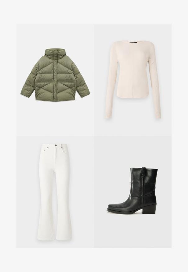 Olive green puffer jacket with high collar, diagonal stitching, long sleeves, and zippered side pockets, laid flat on white background.; Long-sleeve, light beige top with a round neckline. Made of soft fabric, features a central seam and slightly curved hem. No visible hardware.; White flared jeans made of denim. High-waisted design with front pockets and a button closure. Smooth texture and minimal stitching details.; Black leather ankle boot with a rounded toe, block heel, side zipper, and stitching accents on the vamp. Smooth texture, classic design.