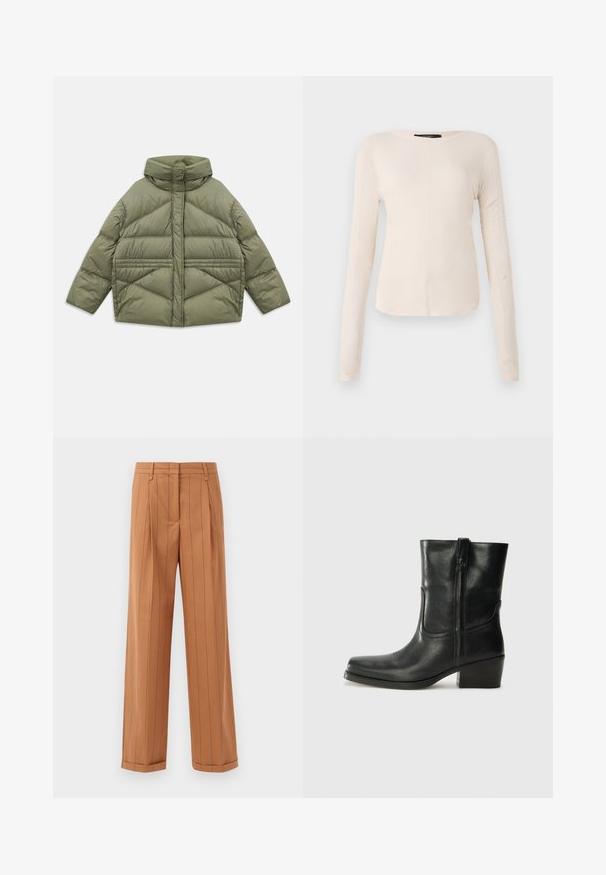 Olive green puffer jacket with high collar, diagonal stitching, long sleeves, and zippered side pockets, laid flat on white background.; Long-sleeve, light beige top with a round neckline. Made of soft fabric, features a central seam and slightly curved hem. No visible hardware.; Brown pinstriped trousers with a tailored design, featuring pleats, a straight cut, and a cuffed hem. Made from a smooth fabric.; Black leather ankle boot with a rounded toe, block heel, side zipper, and stitching accents on the vamp. Smooth texture, classic design.