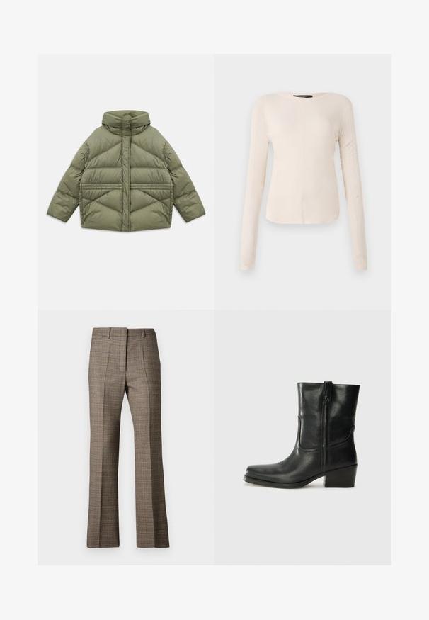 Oliivinvihreä untuvatakki korkealla kauluksella, vinonapituksilla, pitkillä hihoilla ja vetoketjullisilla sivutaskuilla, asetettuna tasaiseksi valkoista taustaa vasten.; Pitkähihainen, vaaleanbeige paita, jossa on pyöreä kaula-aukko. Valmistettu pehmeästä kankaasta, jossa on keskeinen sauma ja hieman kaareva helma. Ei näkyvää metalliosaa.; Ruske rućaste hlače s ravnim krojem, izrađene od teksturirane tkanine i s suptilnim bojama bež i tamnijih smeđih tonova kroz uzorak.; Musta nahkasaapas nilkkamittaisella varrella, pyöreällä kärjellä, lohkarekorolla, sivuvetoketjulla ja ompeluaksentilla varren yläosassa. Suora pinta, klassinen muotoilu.