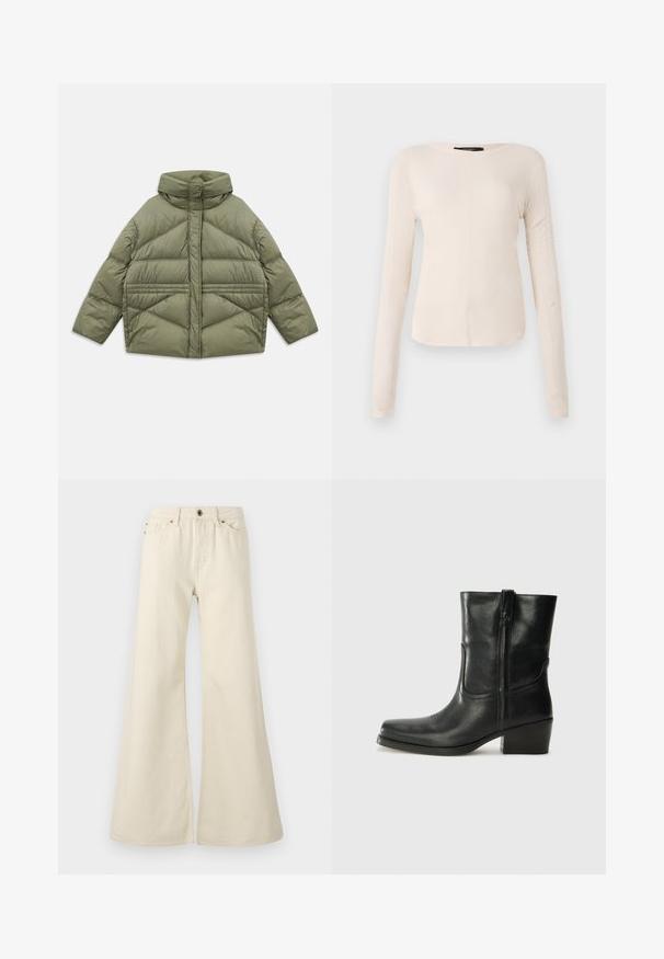 Olive green puffer jacket with high collar, diagonal stitching, long sleeves, and zippered side pockets, laid flat on white background.; Long-sleeve, light beige top with a round neckline. Made of soft fabric, features a central seam and slightly curved hem. No visible hardware.; Light beige flared jeans made of cotton. Features a high waist, five pockets, and a button closure with contrasting stitching details.; Black leather ankle boot with a rounded toe, block heel, side zipper, and stitching accents on the vamp. Smooth texture, classic design.