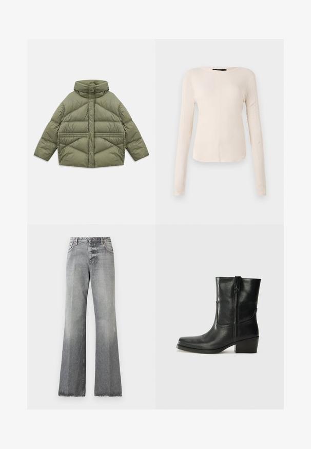 Olíva zöld pehelykabát magas gallérral, ferde varrással, hosszú ujjakkal és cipzáras oldazsebekkel, fehér háttéren lefektetve.; Hosszú ujjú, világos bézs blúz kerek nyakkivágással. Puha anyagból készült, középső varrással és enyhén ívelt szegéllyel rendelkezik. Nincs rajta látható fémrész.; Szürke, trapéz szabású farmernadrág, elhalványodott hatással, normál derékpánttal gombos záródással, valamint varrásdíszítéssel a zsebeken.; Fekete bőr bokacsizma lekerekített orral, blokk sarkúval, oldalsó cipzárral és varrásos díszítéssel az elején. Simább textúra, klasszikus dizájn.