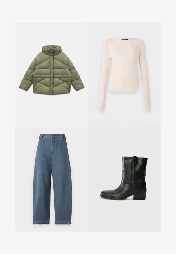 Olive green puffer jacket with high collar, diagonal stitching, long sleeves, and zippered side pockets, laid flat on white background.; Long-sleeve, light beige top with a round neckline. Made of soft fabric, features a central seam and slightly curved hem. No visible hardware.; Denim wide-leg pants in a light blue shade, featuring a textured surface, two front pockets, and durable stitching at the hem.; Black leather ankle boot with a rounded toe, block heel, side zipper, and stitching accents on the vamp. Smooth texture, classic design.