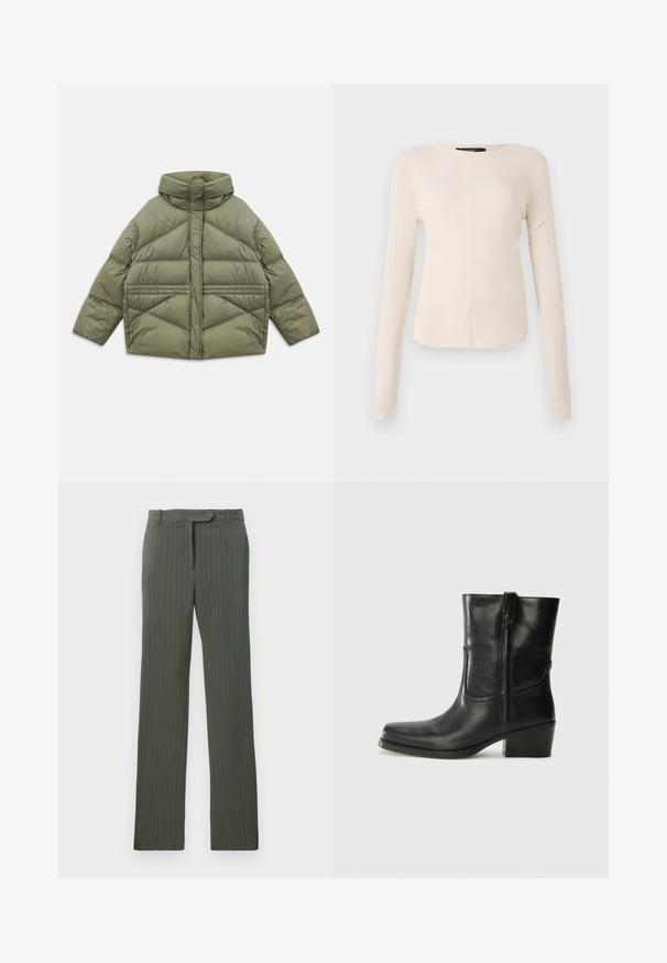 Olivengrøn puffjakke med høj krave, diagonale syninger, lange ærmer og lynlåslommer på siden, lagt fladt på hvid baggrund.; Langærmet, lys beige top med rund halsudskæring. Lavet af blødt stof, har en central søm og let buet kant. Der er ingen synlige metaldele.; Mørkegrå skræddersyede bukser med pinstriber, bæltesløjfer og lige pasform, liggende fladt på en hvid baggrund.; Sort læder ankelstøvle med rundt tå, blokhæl, lynlås i siden og stikninger på vampsiden. Glat tekstur, klassisk design.