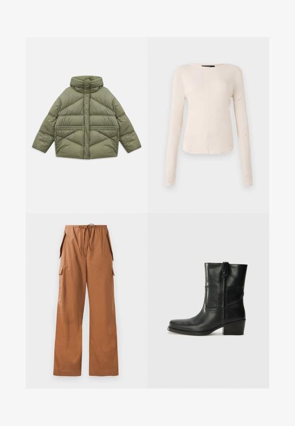 Olivengrøn puffjakke med høj krave, diagonale syninger, lange ærmer og lynlåslommer på siden, lagt fladt på hvid baggrund.; Langærmet, lys beige top med rund halsudskæring. Lavet af blødt stof, har en central søm og let buet kant. Der er ingen synlige metaldele.; Brune bred-bens cargo bukser lavet af letvægtsstof, med en elastisk talje med snøre og sidelommer.; Sort læder ankelstøvle med rundt tå, blokhæl, lynlås i siden og stikninger på vampsiden. Glat tekstur, klassisk design.