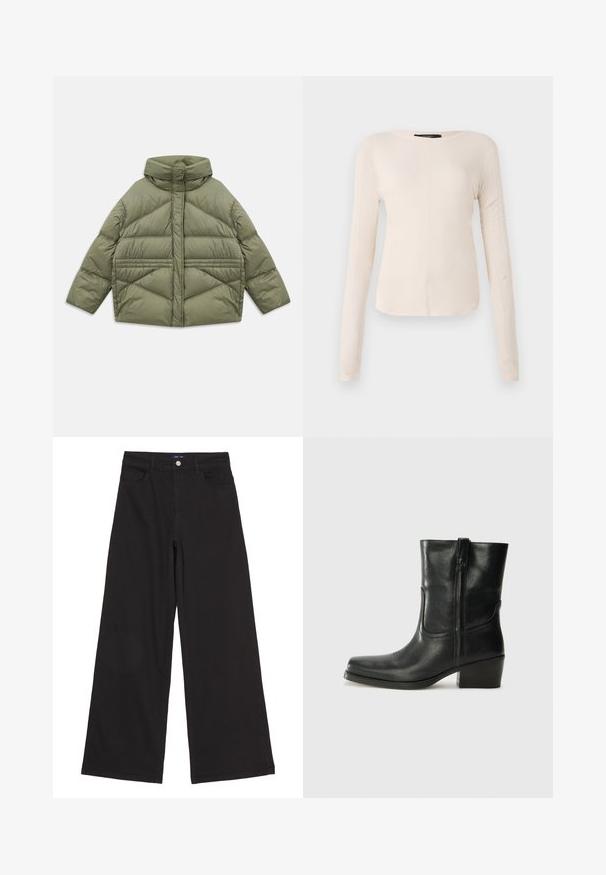Õlivaheline puffer jakk kõrge kraega, diagonaalse õmblusega, pikad varrukad ja lukuga küljetaskud, laotuna valgel taustal.; Pikkade varrukatega helesinine topp ümmarguse kaelusega. Valmistatud pehmest kangast, sisaldab keskset õmblust ja kergelt kaardus serva. Ei ole nähtavat riistvara.; Mustad laiad džinsipüksid, millel on kõrge vöökoht, eesmistel taskutel ja üks metallnupp vööl, sile tekstuur.; Musta nahast pahkluu saabas ümarate varvastega, plokknäppu, külgsepa ja pealsetel õmblusest aktsentidega. Sile tekstuur, klassikaline disain.