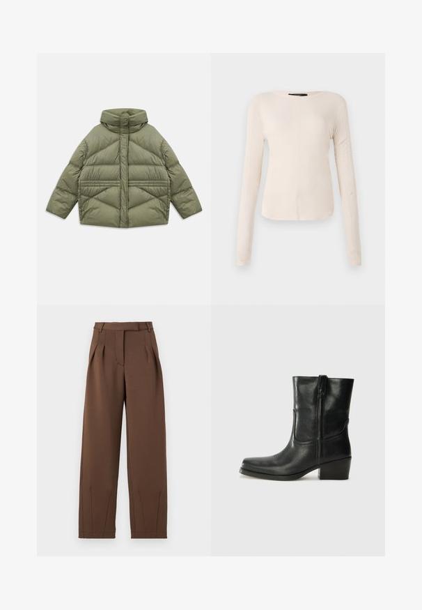 Olivově zelená péřová bunda s vysokým límcem, diagonálním prošíváním, dlouhými rukávy a zipovými bočními kapsami, ležící na bílém pozadí.; Dlouhý rukáv, světle béžový top s kulatým výstřihem. Vyrobeno z jemné látky, má středový šev a mírně zaoblený lem. Bez viditelné kovové úpravy.; Hnědé kalhoty vyrobené z hladké látky, s vysokým pasem, předními sklady a volným střihem. Obsahují boční kapsy a zužující se nohavice.; Černá kožená kotníková bota s kulatou špičkou, blokovým podpatkem, bočním zipem a prošíváním na svršku. Hladký povrch, klasický design.