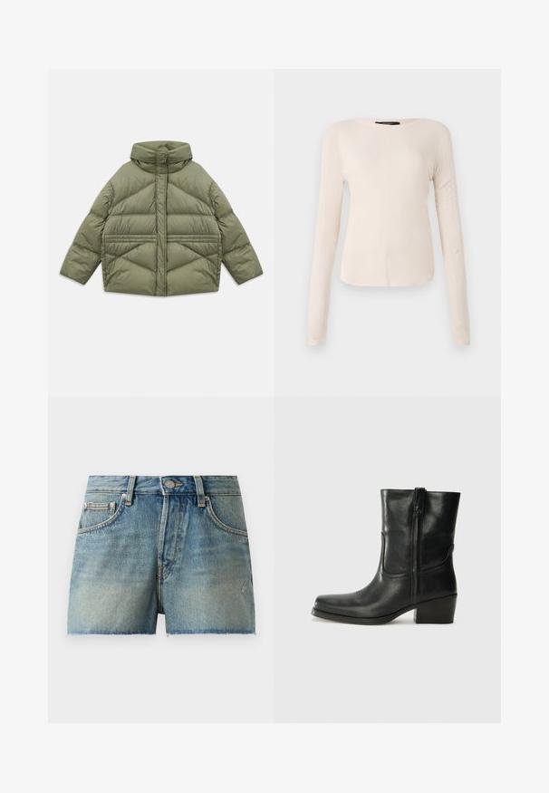Olijfgroen pufferjack met hoge kraag, diagonale stiksels, lange mouwen en ritssluitingen aan de zijzakken, plat gelegd op een witte achtergrond.; Langsleeve, lichtbeige top met een ronde halslijn. Gemaakt van zachte stof, heeft een centrale naad en een iets gebogen rand. Geen zichtbare hardware.; Leren denim shorts in lichtblauw, met een hoge taille, gefranjorde zoom en traditionele vijf-pocket stijl met metalen hardware.; Zwarte leren enkellaars met een ronde neus, blokhak, zijrits en stikselaccenten op de wreef. Gladde textuur, klassiek ontwerp.