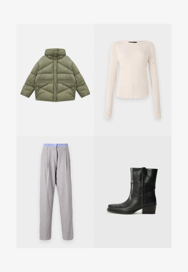 Olivgrüne Steppjacke mit hohem Kragen, diagonalen Nähten, langen Ärmeln und mit Reißverschluss versehenen Seitentaschen, flach auf einem weißen Hintergrund ausgebreitet.; Langärmliges, hellbeiges Oberteil mit rundem Ausschnitt. Aus weichem Stoff gefertigt, verfügt es über eine zentrale Naht und einen leicht geschwungenen Saum. Keine sichtbaren Beschläge.; Helle graue Leinenhose mit Falten, blauer gemusterter Taille, schmal zulaufendem Bein und Knopfverschluss. Glatte Textur, leichtes Material.; Schwarze Leder-Ankle Boots mit runder Zehenform, Blockabsatz, seitlichem Reißverschluss und gestickten Akzenten auf dem Blatt. Glatte Textur, klassisches Design.