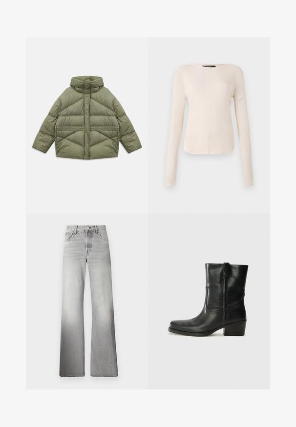 Oliivinvihreä untuvatakki korkealla kauluksella, vinonapituksilla, pitkillä hihoilla ja vetoketjullisilla sivutaskuilla, asetettuna tasaiseksi valkoista taustaa vasten.; Pitkähihainen, vaaleanbeige paita, jossa on pyöreä kaula-aukko. Valmistettu pehmeästä kankaasta, jossa on keskeinen sauma ja hieman kaareva helma. Ei näkyvää metalliosaa.; Harmaa farkut, joissa on leveät lahkeet, korkea vyötärö, haalistunut rakenne, viisi taskua ja vetskari, jossa on nappisuljenta.; Musta nahkasaapas nilkkamittaisella varrella, pyöreällä kärjellä, lohkarekorolla, sivuvetoketjulla ja ompeluaksentilla varren yläosassa. Suora pinta, klassinen muotoilu.