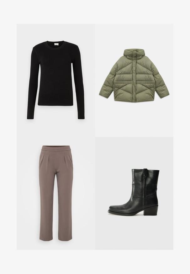 Giacca imbottita verde oliva con colletto alto, cuciture diagonali, maniche lunghe e tasche laterali con zip, distesa su sfondo bianco.; T-shirt nero a maniche lunghe realizzato in tessuto morbido e liscio. Presenta un colletto rotondo e una forma aderente, senza motivi o accenti visibili.; Pantaloni taupe a vestibilità ampia con elastico in vita e pieghe frontali, realizzati in tessuto morbido.; Stivale ankle in pelle nera con punta arrotondata, tacco a blocco, cerniera laterale e dettagli in cucitura sulla tomaia. Texture liscia, design classico.