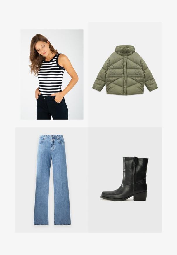 Olivgrüne Steppjacke mit hohem Kragen, diagonalen Nähten, langen Ärmeln und mit Reißverschluss versehenen Seitentaschen, flach auf einem weißen Hintergrund ausgebreitet.; Gestreifter Tanktop mit schwarz-weißen horizontalen Streifen, geripptem Textur und schwarzem Besatz am Ausschnitt, kombiniert mit dunklen Hosen.; Hellblaue Jeans aus Denim mit weitem Bein, fünf Taschen, Gürtelschlaufen und einem Knopfverschluss. Der Stoff hat eine glatte Textur.; Schwarze Leder-Ankle Boots mit runder Zehenform, Blockabsatz, seitlichem Reißverschluss und gestickten Akzenten auf dem Blatt. Glatte Textur, klassisches Design.