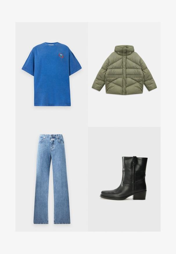 Oliivinvihreä untuvatakki korkealla kauluksella, vinonapituksilla, pitkillä hihoilla ja vetoketjullisilla sivutaskuilla, asetettuna tasaiseksi valkoista taustaa vasten.; Sininen puuvillainen t-paita, jossa on rento leikkaus, lyhyet hihat, pyöreä pääntie ja värikäs ympyrälogo rintamalla.; Vaaleansiniset farkut, joissa on leveä lahje, viisi taskua, vyölenkit ja nappikiinnitys. Kankaan pinta on sileä.; Musta nahkasaapas nilkkamittaisella varrella, pyöreällä kärjellä, lohkarekorolla, sivuvetoketjulla ja ompeluaksentilla varren yläosassa. Suora pinta, klassinen muotoilu.