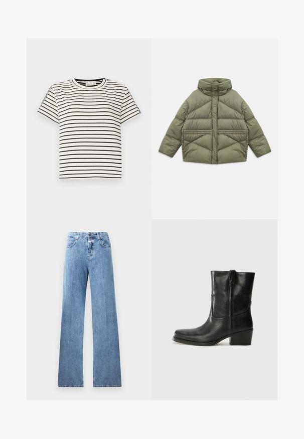 Õlivaheline puffer jakk kõrge kraega, diagonaalse õmblusega, pikad varrukad ja lukuga küljetaskud, laotuna valgel taustal.; Puuvillane lühikeste varrukatega T-särk, ümarate kaelustega, millel on mustad vertikaalsed triibud valgel taustal ja sirge lõige.; Heledad denim-jedid, millel on lai jalg, viis taskut, vööloopid ning nupuga sulgemine. Kangas on sileda tekstuuriga.; Musta nahast pahkluu saabas ümarate varvastega, plokknäppu, külgsepa ja pealsetel õmblusest aktsentidega. Sile tekstuur, klassikaline disain.