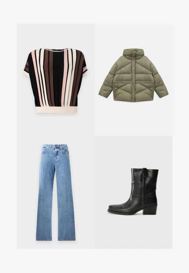 Olivově zelená péřová bunda s vysokým límcem, diagonálním prošíváním, dlouhými rukávy a zipovými bočními kapsami, ležící na bílém pozadí.; Triko s krátkým rukávem se svislými pruhy v černé, krémové, růžové a hnědé barvě. Má kulatý výstřih a volný střih s krémovým lemem.; Světle modré džíny s širokým střihem, pěti kapsami, poutky na opasek a zapínáním na knoflík. Látka má hladkou texturu.; Černá kožená kotníková bota s kulatou špičkou, blokovým podpatkem, bočním zipem a prošíváním na svršku. Hladký povrch, klasický design.