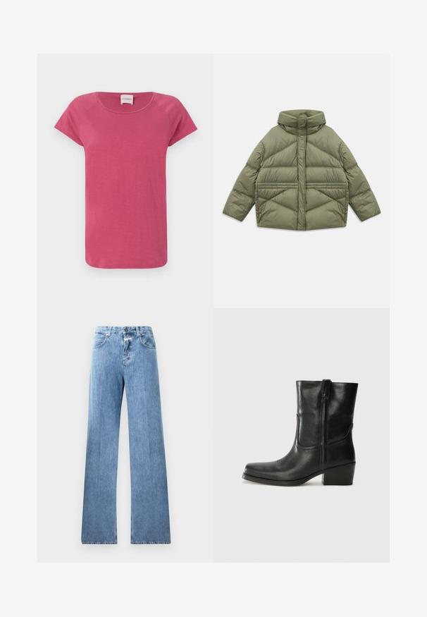 Olive green puffer jacket with high collar, diagonal stitching, long sleeves, and zippered side pockets, laid flat on white background.; Pink short-sleeve t-shirt with a round neckline, made from soft fabric, featuring raglan sleeves and a relaxed fit.; Light blue denim jeans with a wide-leg design, five pockets, belt loops, and a button closure. The fabric has a smooth texture.; Black leather ankle boot with a rounded toe, block heel, side zipper, and stitching accents on the vamp. Smooth texture, classic design.