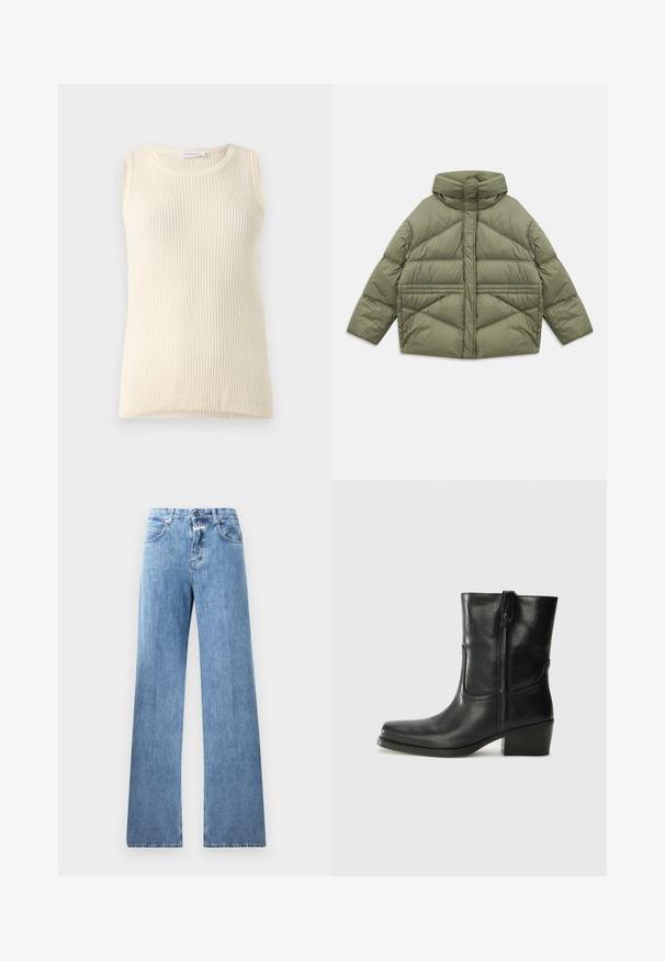 Olíva zöld pehelykabát magas gallérral, ferde varrással, hosszú ujjakkal és cipzáras oldazsebekkel, fehér háttéren lefektetve.; Ujjatlan tejszínszínű felső, bordázott textúrával és kerek nyakkivágással. Az anyag lágy tapintású, testhezálló szabású, látható minták vagy díszítések nélkül.; Világoskék farmernadrág, széles lábakkal, öt zsebből, övrögzítőkből és gombzáras kivitelben. Az anyag sima textúrájú.; Fekete bőr bokacsizma lekerekített orral, blokk sarkúval, oldalsó cipzárral és varrásos díszítéssel az elején. Simább textúra, klasszikus dizájn.