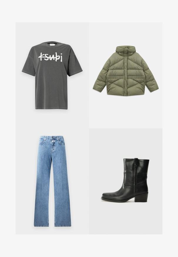 Olijfgroen pufferjack met hoge kraag, diagonale stiksels, lange mouwen en ritssluitingen aan de zijzakken, plat gelegd op een witte achtergrond.; Ksubi TEE - T-shirt print - charcoal grey; Lichtblauwe denim jeans met een wijde pasvorm, vijf zakken, lussen voor een riem en een knoopsluiting. De stof heeft een gladde textuur.; Zwarte leren enkellaars met een ronde neus, blokhak, zijrits en stikselaccenten op de wreef. Gladde textuur, klassiek ontwerp.