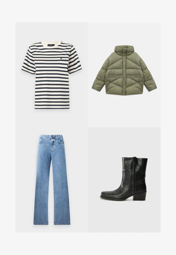 Oliivinvihreä untuvatakki korkealla kauluksella, vinonapituksilla, pitkillä hihoilla ja vetoketjullisilla sivutaskuilla, asetettuna tasaiseksi valkoista taustaa vasten.; Puuvillapaita, jossa on tummansinisiä ja kermaisia vaakastruktuureja, pyöreä kaula-aukko, lyhyet hihat ja pieni musta logo rinnassa.; Vaaleansiniset farkut, joissa on leveä lahje, viisi taskua, vyölenkit ja nappikiinnitys. Kankaan pinta on sileä.; Musta nahkasaapas nilkkamittaisella varrella, pyöreällä kärjellä, lohkarekorolla, sivuvetoketjulla ja ompeluaksentilla varren yläosassa. Suora pinta, klassinen muotoilu.