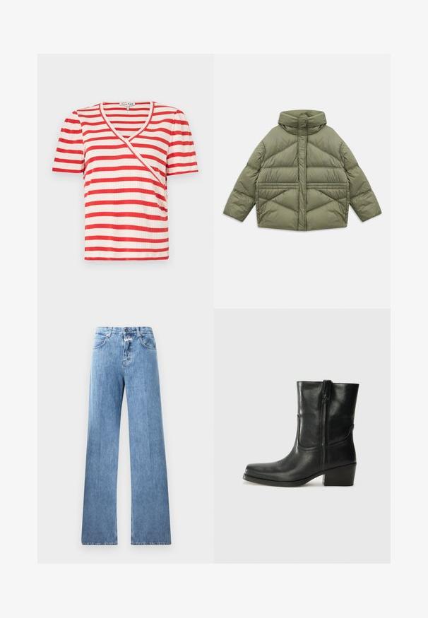 Jachetă puffer de culoare verde măslin, cu guler înalt, cusături diagonale, mâneci lungi și buzunare laterale cu fermoar, întinsă pe un fundal alb.; Tricou cu mânecă scurtă, în dungi roșii și albe, cu decolteu în V și un design asimetric. Fabricat dintr-un material ribetat cu o textură moale.; Jeans din denim albastru deschis cu un design cu picioare largi, cinci buzunare, bucle pentru curea și închidere cu nasture. Tesătura are o textură netedă.; Botine din piele neagră, cu vârf rotund, toc pătrat, fermoar pe lateral și accente de cusături pe partea superioară. Textură netedă, design clasic.