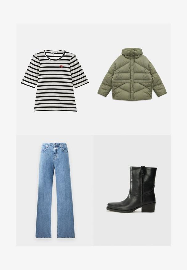 Alyvmedis puffer džemperis su aukštu apykakle, įstrižinėmis siūlėmis, ilgomis rankovėmis ir užtrauktukais šonuose, padėtas ant balto fono.; Dryžuota marškinėlių su trumpomis rankovėmis, su juodai balta veliūrine tekstūra, apvaliu iškirpimu ir mažai raudona etikete kairiajame krūtinės pusėje.; Šviesiai mėlyni džinsai su plačiomis kojomis, penkiomis kišenėmis, diržo kilpos ir mygtuko užsegimu. Audinys yra lygus.; Juodi odiniai aulinukai iki kulkšnies su apvali nosimi, blokuotais kulnais, šonine užtrauktuku ir siuvimo akcentais ant viršutinės dalies. Lygi tekstūra, klasikinis dizainas.