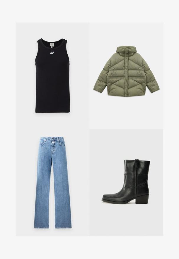 Alyvmedis puffer džemperis su aukštu apykakle, įstrižinėmis siūlėmis, ilgomis rankovėmis ir užtrauktukais šonuose, padėtas ant balto fono.; Juodas berankovis marškinėlis, pagamintas iš grublėtos medžiagos, turintis apvalų iškirpimą ir baltą logotipą ant krūtinės. Paprastas dizainas be raštų.; Šviesiai mėlyni džinsai su plačiomis kojomis, penkiomis kišenėmis, diržo kilpos ir mygtuko užsegimu. Audinys yra lygus.; Juodi odiniai aulinukai iki kulkšnies su apvali nosimi, blokuotais kulnais, šonine užtrauktuku ir siuvimo akcentais ant viršutinės dalies. Lygi tekstūra, klasikinis dizainas.