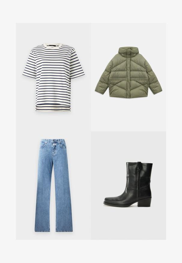 Olive green puffer jacket with high collar, diagonal stitching, long sleeves, and zippered side pockets, laid flat on white background.; Striped t-shirt featuring navy blue horizontal stripes on a cream background, short sleeves, and a rounded neckline with a straight hem.; Light blue denim jeans with a wide-leg design, five pockets, belt loops, and a button closure. The fabric has a smooth texture.; Black leather ankle boot with a rounded toe, block heel, side zipper, and stitching accents on the vamp. Smooth texture, classic design.