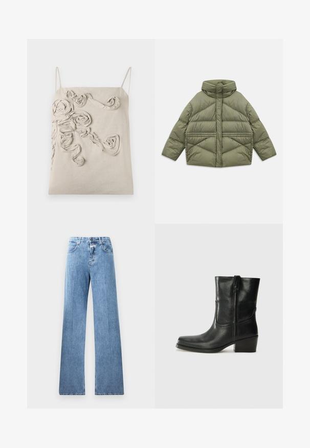 Olive green puffer jacket with high collar, diagonal stitching, long sleeves, and zippered side pockets, laid flat on white background.; Beige linen top with thin straps, featuring textured fabric roses and twisted detailing on the front, smooth finish, and relaxed fit.; Light blue denim jeans with a wide-leg design, five pockets, belt loops, and a button closure. The fabric has a smooth texture.; Black leather ankle boot with a rounded toe, block heel, side zipper, and stitching accents on the vamp. Smooth texture, classic design.