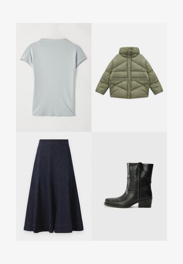 Olišu zaļš pūkains mētelis ar augstu apkakli, slīpiem šuvēm, garām piedurknēm un kabatām ar rāvējslēdzēju, izmests uz baltā fona.; Gaiši zils īsām piedurknēm tops, izgatavots no mīksta auduma, ar apaļu kakla izgriezumu un maziem kafijas ieliekumiem, nodrošinot brīvu piegriezumu. Nav modeļu vai akcentu.; Tumši zils džinsa svārku ar platu siluetu, ar vertikālām šuvju detaļām un kontrastējošu oranžu diegu apmalē.; Melna ādas potīte ar noapaļotu purngalu, bloku papēdi, sānu rāvējslēdzēju un šuvju akcentiem uz virsmas. Gluda tekstūra, klasiskā dizaina.