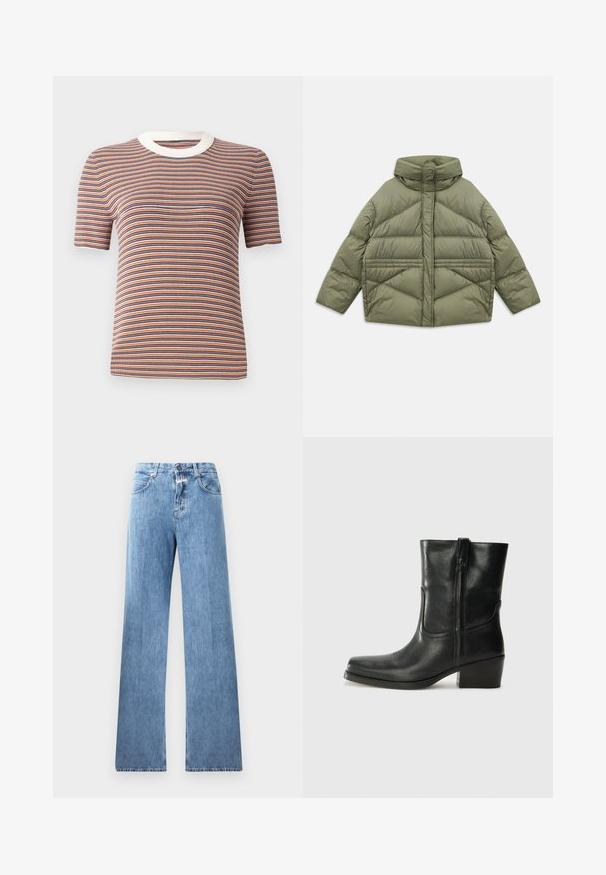 Chaqueta acolchada de color verde oliva con cuello alto, costuras diagonales, mangas largas y bolsillos laterales con cremallera, colocada plana sobre un fondo blanco.; Camiseta de manga corta a rayas en naranja, azul y blanco. Presenta una textura acanalada y un escote redondo blanco.; Jeans de mezclilla de color azul claro con un diseño de pierna ancha, cinco bolsillos, trabillas para cinturón y cierre de botón. La tela tiene una textura suave.; Botín negro de cuero hasta el tobillo con punta redondeada, tacón cuadrado, cremallera lateral y detalles de costura en el empeine. Textura suave, diseño clásico.