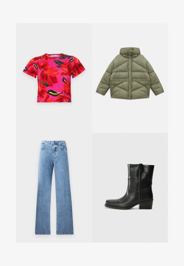 Olivově zelená péřová bunda s vysokým límcem, diagonálním prošíváním, dlouhými rukávy a zipovými bočními kapsami, ležící na bílém pozadí.; Krátký rukáv, zkrácený tričko v růžové látce s velkými červenými květinovými vzory a zelenými listy, kulatý výstřih a měkká textura.; Světle modré džíny s širokým střihem, pěti kapsami, poutky na opasek a zapínáním na knoflík. Látka má hladkou texturu.; Černá kožená kotníková bota s kulatou špičkou, blokovým podpatkem, bočním zipem a prošíváním na svršku. Hladký povrch, klasický design.