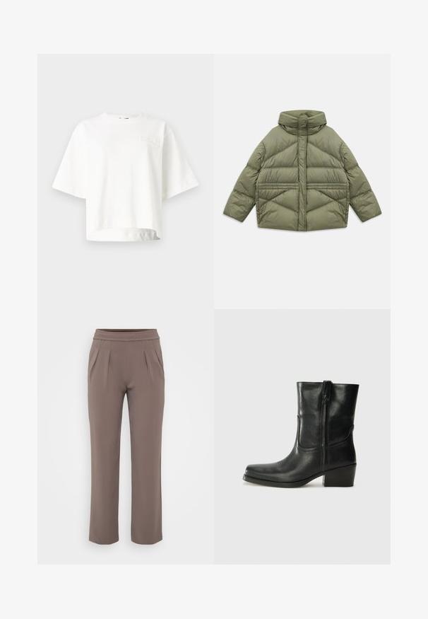 Olíva zöld pehelykabát magas gallérral, ferde varrással, hosszú ujjakkal és cipzáras oldazsebekkel, fehér háttéren lefektetve.; Fehér, rövid ujjú, cropped póló, puha anyagból készült, finom, dombornyomott márkás logóval a bal melle részén.; Taupe színű, lazán szabott nadrág, gumis derékkal és elülső pliszírozással, sima anyagból készült.; Fekete bőr bokacsizma lekerekített orral, blokk sarkúval, oldalsó cipzárral és varrásos díszítéssel az elején. Simább textúra, klasszikus dizájn.
