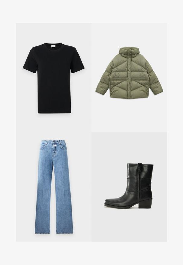 Jachetă puffer de culoare verde măslin, cu guler înalt, cusături diagonale, mâneci lungi și buzunare laterale cu fermoar, întinsă pe un fundal alb.; Tricou scurt din bumbac negru cu mânecă scurtă și guler rotund, având un detaliu subtil cu logo pe partea din față, jos, și un tiv drept.; Jeans din denim albastru deschis cu un design cu picioare largi, cinci buzunare, bucle pentru curea și închidere cu nasture. Tesătura are o textură netedă.; Botine din piele neagră, cu vârf rotund, toc pătrat, fermoar pe lateral și accente de cusături pe partea superioară. Textură netedă, design clasic.