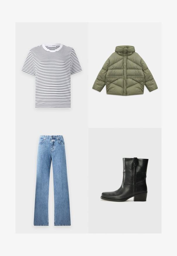 Jachetă puffer de culoare verde măslin, cu guler înalt, cusături diagonale, mâneci lungi și buzunare laterale cu fermoar, întinsă pe un fundal alb.; Tricou alb cu dungi orizontale negre, guler rotund, mâneci scurte și o croială lejeră. Material din bumbac, design simplu.; Jeans din denim albastru deschis cu un design cu picioare largi, cinci buzunare, bucle pentru curea și închidere cu nasture. Tesătura are o textură netedă.; Botine din piele neagră, cu vârf rotund, toc pătrat, fermoar pe lateral și accente de cusături pe partea superioară. Textură netedă, design clasic.