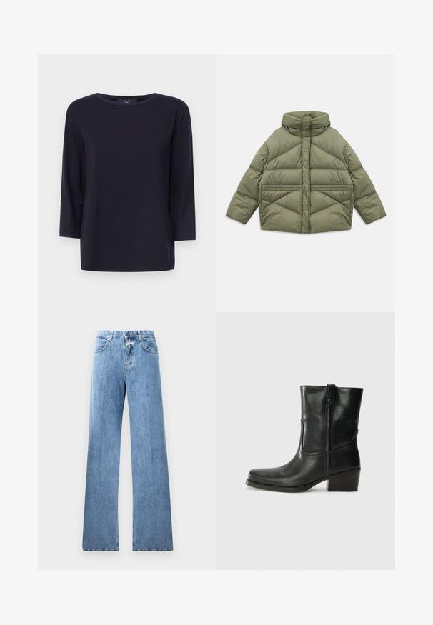 Olijfgroen pufferjack met hoge kraag, diagonale stiksels, lange mouwen en ritssluitingen aan de zijzakken, plat gelegd op een witte achtergrond.; Weekend Max Mara MULTIA - Longsleeve - nero; Lichtblauwe denim jeans met een wijde pasvorm, vijf zakken, lussen voor een riem en een knoopsluiting. De stof heeft een gladde textuur.; Zwarte leren enkellaars met een ronde neus, blokhak, zijrits en stikselaccenten op de wreef. Gladde textuur, klassiek ontwerp.