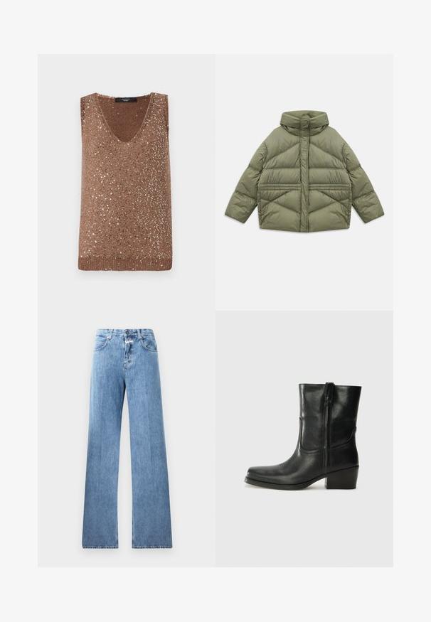 Olivově zelená péřová bunda s vysokým límcem, diagonálním prošíváním, dlouhými rukávy a zipovými bočními kapsami, ležící na bílém pozadí.; Hnědý pletený top bez rukávů s výstřihem do V, ozdobený rozptýlenými kovovými flitry pro texturu a vizuální zájem.; Světle modré džíny s širokým střihem, pěti kapsami, poutky na opasek a zapínáním na knoflík. Látka má hladkou texturu.; Černá kožená kotníková bota s kulatou špičkou, blokovým podpatkem, bočním zipem a prošíváním na svršku. Hladký povrch, klasický design.