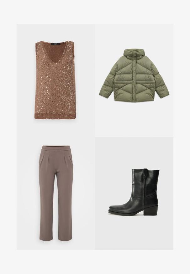 Olive green puffer jacket with high collar, diagonal stitching, long sleeves, and zippered side pockets, laid flat on white background.; Brown knit sleeveless top with a V-neck, featuring scattered metallic sequins for texture and visual interest.; Taupe loose-fit trousers with elastic waistband and front pleats, made from smooth fabric.; Black leather ankle boot with a rounded toe, block heel, side zipper, and stitching accents on the vamp. Smooth texture, classic design.