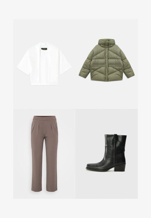 Olive green puffer jacket with high collar, diagonal stitching, long sleeves, and zippered side pockets, laid flat on white background.; White short-sleeve open-front cardigan with a round neck neckline and a visible black label inside the collar.; Taupe loose-fit trousers with elastic waistband and front pleats, made from smooth fabric.; Black leather ankle boot with a rounded toe, block heel, side zipper, and stitching accents on the vamp. Smooth texture, classic design.