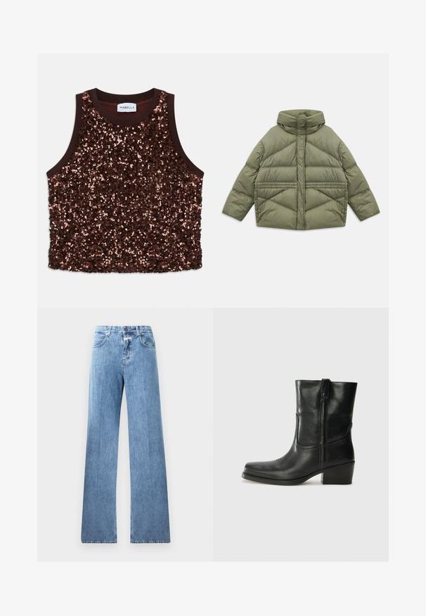 Olive green puffer jacket with high collar, diagonal stitching, long sleeves, and zippered side pockets, laid flat on white background.; Sequin-embellished sleeveless top in rich brown, featuring a smooth brown trim and shimmering copper accents across the front surface.; Light blue denim jeans with a wide-leg design, five pockets, belt loops, and a button closure. The fabric has a smooth texture.; Black leather ankle boot with a rounded toe, block heel, side zipper, and stitching accents on the vamp. Smooth texture, classic design.
