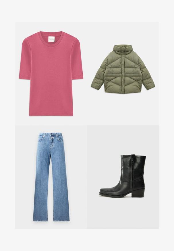 Olive green puffer jacket with high collar, diagonal stitching, long sleeves, and zippered side pockets, laid flat on white background.; Short-sleeve T-shirt in soft pink cotton with a crew neckline. Features stitching details at the edges and a straight cut.; Light blue denim jeans with a wide-leg design, five pockets, belt loops, and a button closure. The fabric has a smooth texture.; Black leather ankle boot with a rounded toe, block heel, side zipper, and stitching accents on the vamp. Smooth texture, classic design.