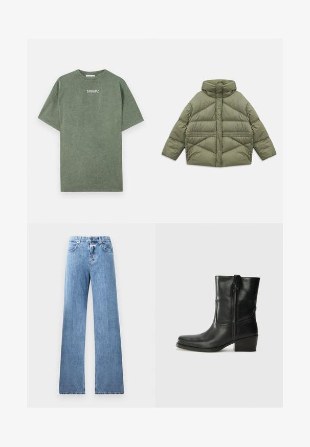 Olivengrøn puffjakke med høj krave, diagonale syninger, lange ærmer og lynlåslommer på siden, lagt fladt på hvid baggrund.; Grøn bomulds t-shirt med rund halsudskæring, korte ærmer og et trykt "STIEGLITZ" logo på brystet. Blød tekstur og afslappet pasform.; Lyseblå denim jeans med vid ben-design, fem lommer, bæltestropper og knaplukning. Stofmaterialet har en glat tekstur.; Sort læder ankelstøvle med rundt tå, blokhæl, lynlås i siden og stikninger på vampsiden. Glat tekstur, klassisk design.