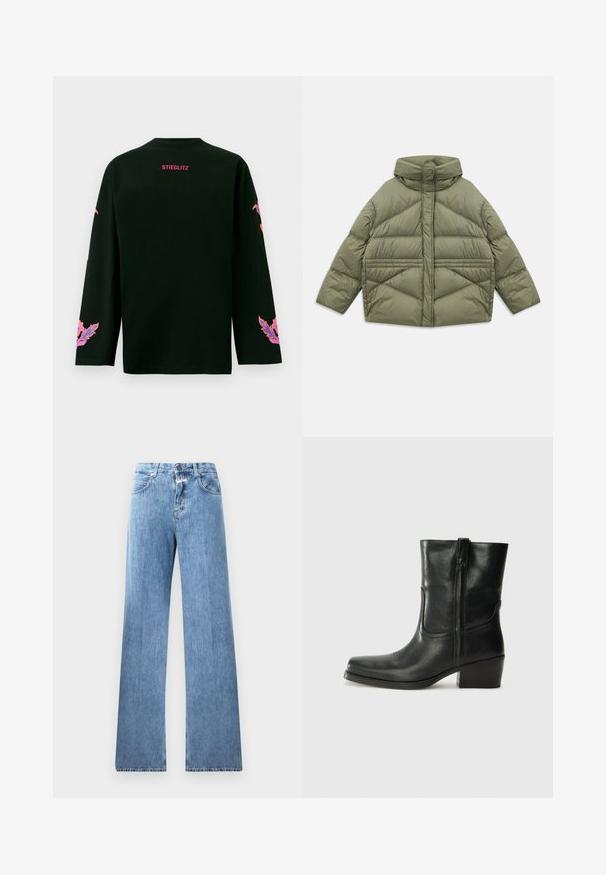 Alyvmedis puffer džemperis su aukštu apykakle, įstrižinėmis siūlėmis, ilgomis rankovėmis ir užtrauktukais šonuose, padėtas ant balto fono.; Juodas ilgomis rankovėmis marškinėliai su apvaliu kaklu. Ant nugaros yra rožinė užrašas "STIEGLITZ" ir spalvingi gėlių motyvai ant rankovių.; Šviesiai mėlyni džinsai su plačiomis kojomis, penkiomis kišenėmis, diržo kilpos ir mygtuko užsegimu. Audinys yra lygus.; Juodi odiniai aulinukai iki kulkšnies su apvali nosimi, blokuotais kulnais, šonine užtrauktuku ir siuvimo akcentais ant viršutinės dalies. Lygi tekstūra, klasikinis dizainas.