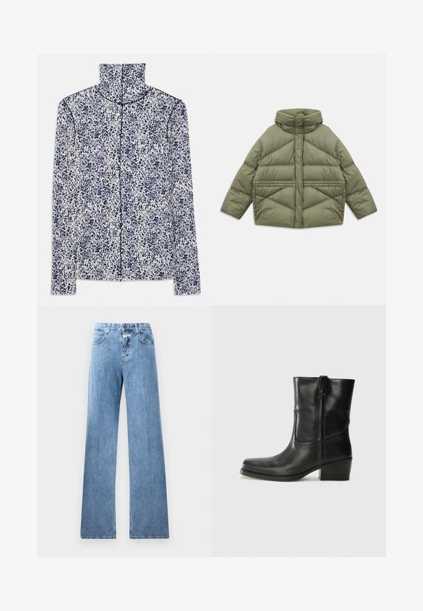 Olive green puffer jacket with high collar, diagonal stitching, long sleeves, and zippered side pockets, laid flat on white background.; Long-sleeve shirt in white with a blue leopard print pattern, featuring a high collar and a front zipper closure along the center.; Light blue denim jeans with a wide-leg design, five pockets, belt loops, and a button closure. The fabric has a smooth texture.; Black leather ankle boot with a rounded toe, block heel, side zipper, and stitching accents on the vamp. Smooth texture, classic design.