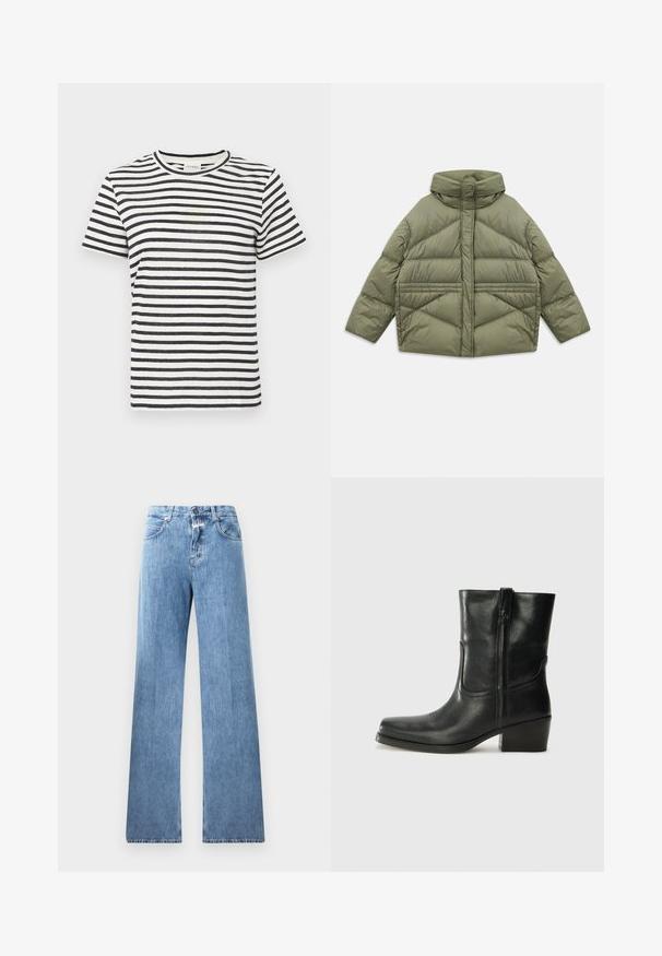 Oliivinvihreä untuvatakki korkealla kauluksella, vinonapituksilla, pitkillä hihoilla ja vetoketjullisilla sivutaskuilla, asetettuna tasaiseksi valkoista taustaa vasten.; Raidallinen t-paita, jossa on tummansinisiä ja vaaleanvalkoisia vaakaraitoja, pyöreä kaula-aukko, lyhyet hihat ja pehmeä kangas.; Vaaleansiniset farkut, joissa on leveä lahje, viisi taskua, vyölenkit ja nappikiinnitys. Kankaan pinta on sileä.; Musta nahkasaapas nilkkamittaisella varrella, pyöreällä kärjellä, lohkarekorolla, sivuvetoketjulla ja ompeluaksentilla varren yläosassa. Suora pinta, klassinen muotoilu.