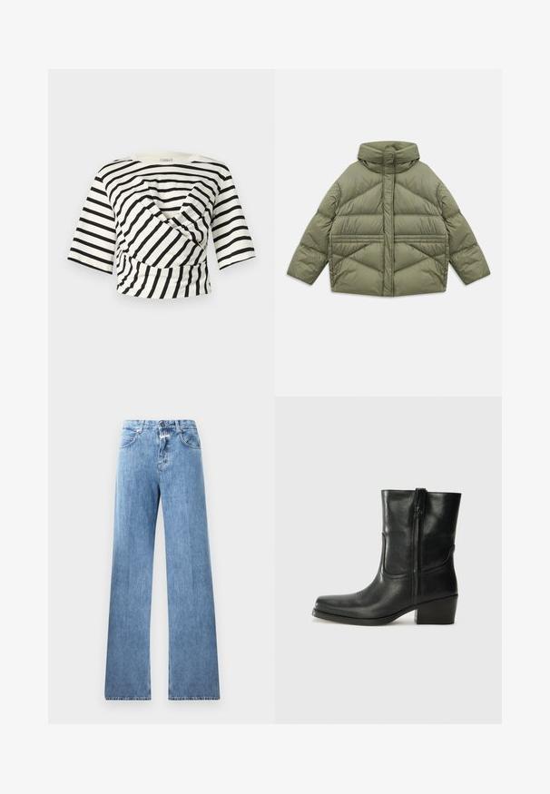 Olive green puffer jacket with high collar, diagonal stitching, long sleeves, and zippered side pockets, laid flat on white background.; Baum und Pferdgarten JALYA - Print T-shirt - black whisper stripe; Light blue denim jeans with a wide-leg design, five pockets, belt loops, and a button closure. The fabric has a smooth texture.; Black leather ankle boot with a rounded toe, block heel, side zipper, and stitching accents on the vamp. Smooth texture, classic design.